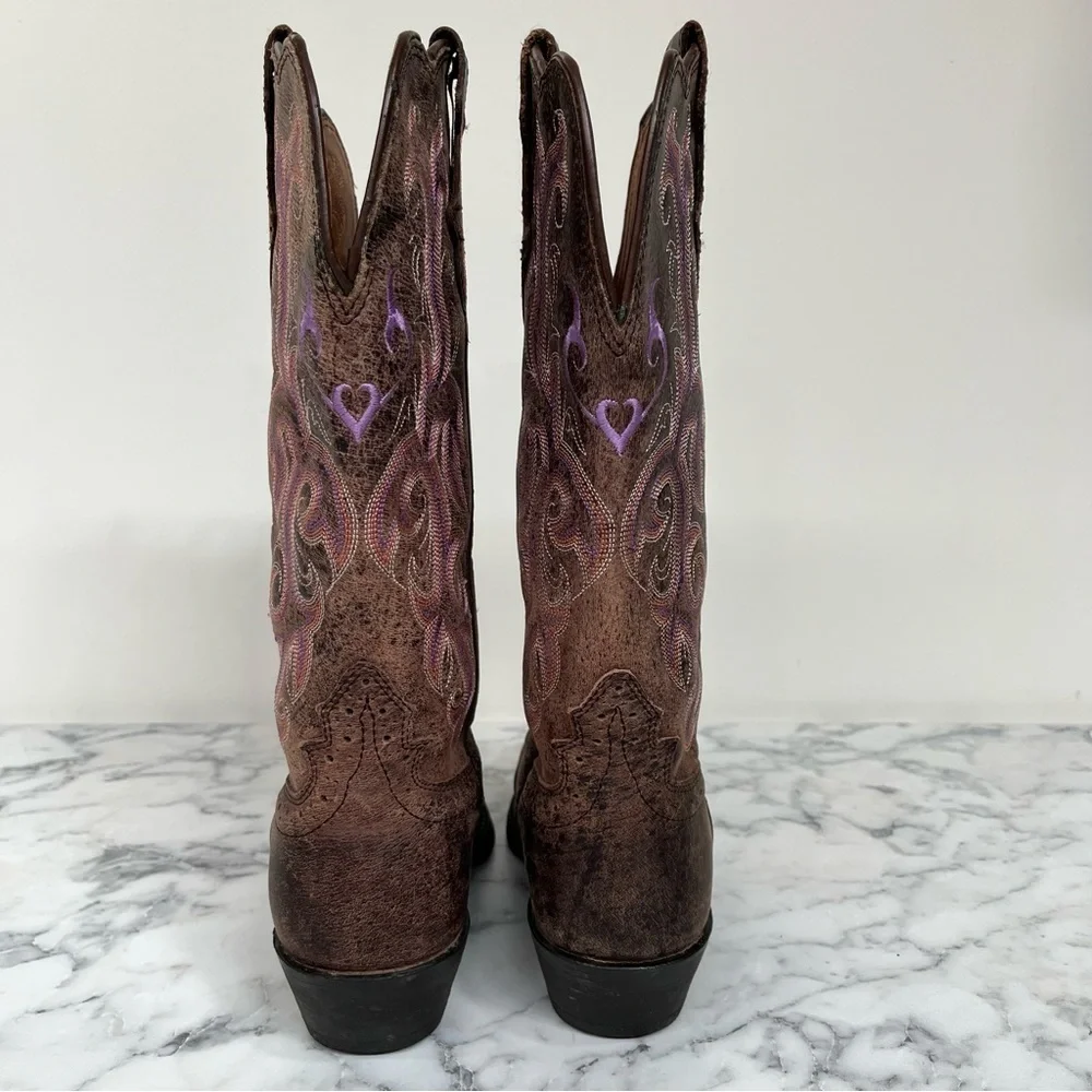 Justin Stampede Chocolate Puma women's 6B cowboy boots Purple Heart embroidery